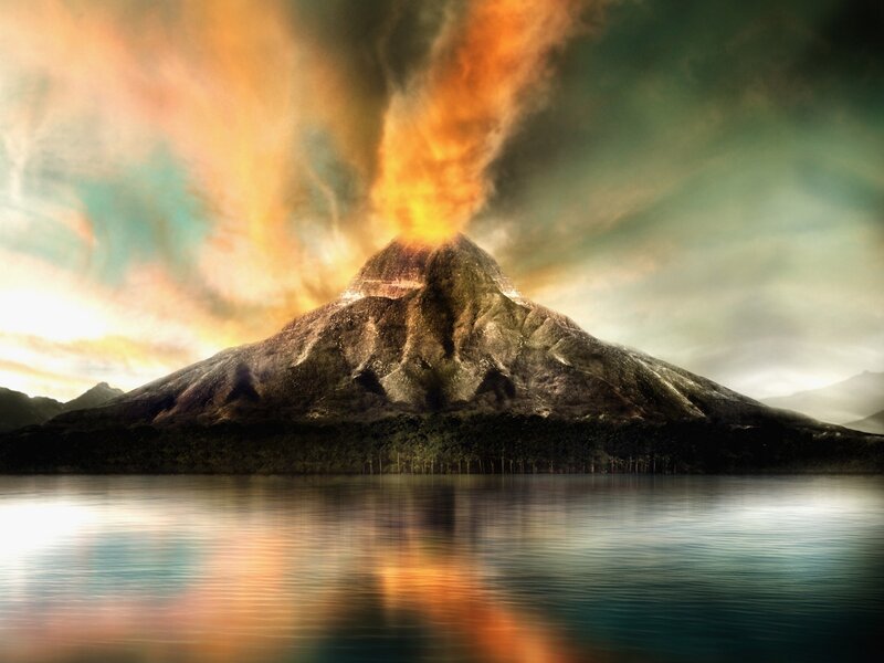 Erupting Volcano — Orange, Dramatic, Sunset, Digital Art, Lava
