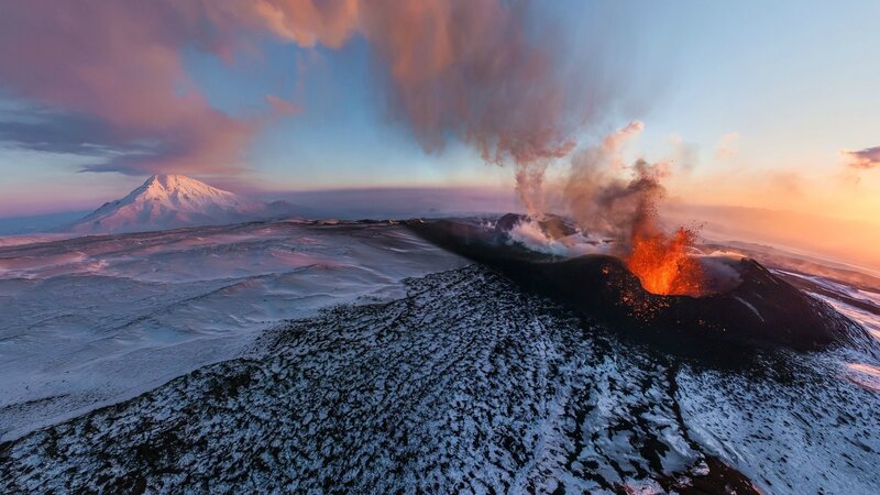 Erupting Volcano — Orange, Dramatic, Sunset, Photograph, Snow, Mountain, Lava