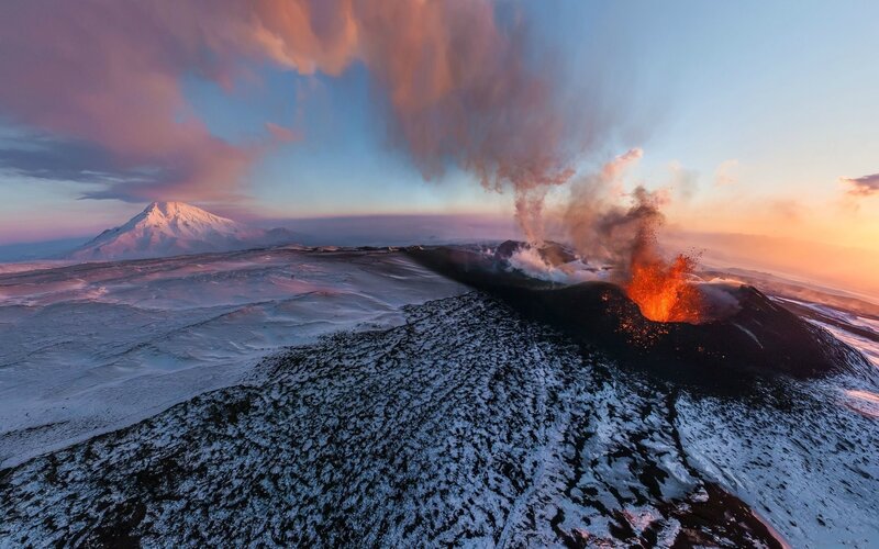 Erupting Volcano — Orange, Dramatic, Sunset, Photograph, Snow, Mountain