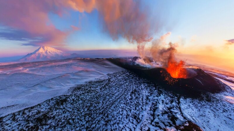Erupting Volcano — Orange, Dramatic, Sunset, Photograph, Snow