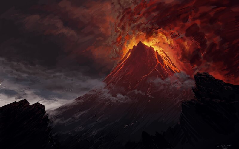Erupting Volcano — Red, Dramatic, Night, Digital Art