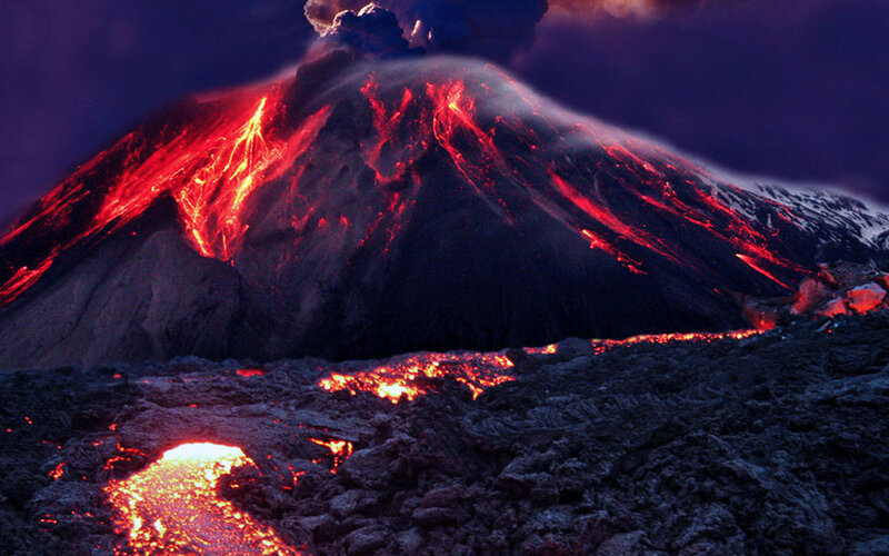 Erupting Volcano — Red, Dramatic, Night, Photograph, Lava, Ash Cloud
