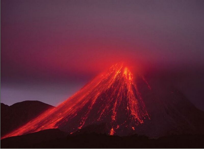Erupting Volcano — Red, Dramatic, Night, Photograph, Lava Flow