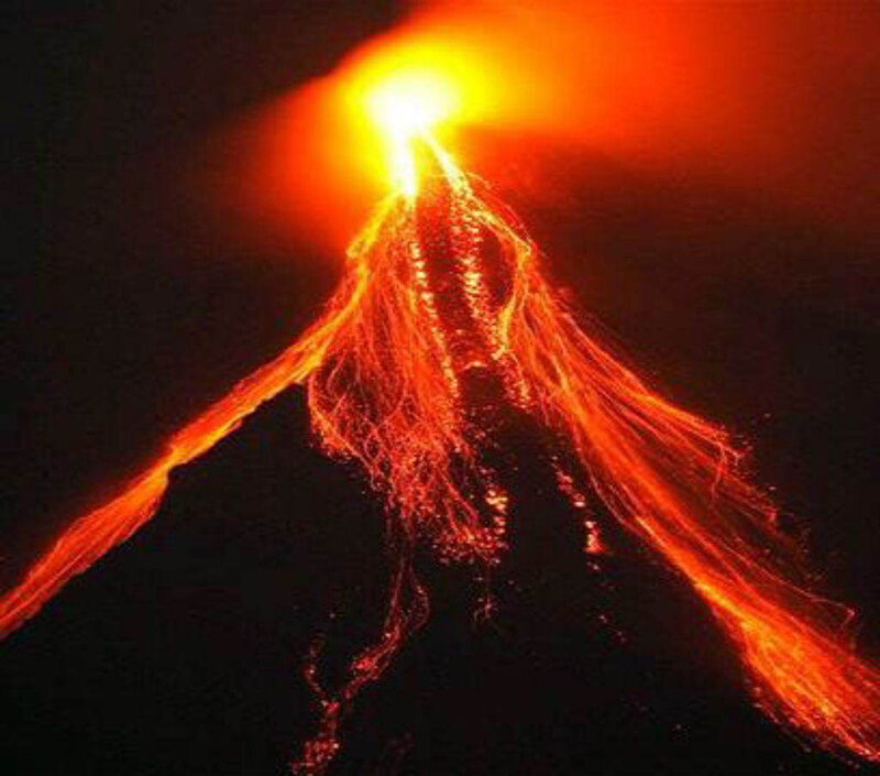 Erupting Volcano — Red, Dramatic, Night, Photograph, Lava, Mountain, Orange