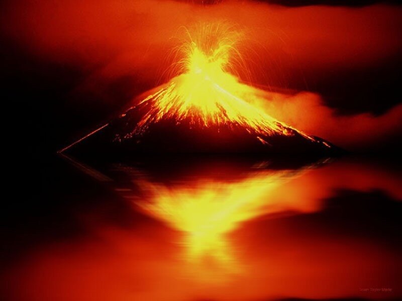 Erupting Volcano — Red, Dramatic, Night, Photograph