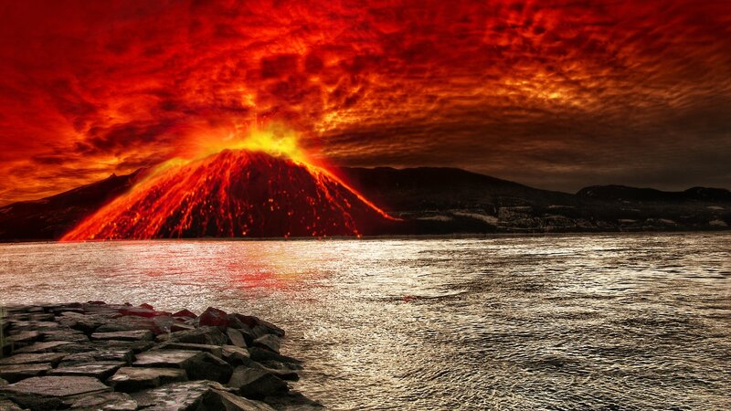 Erupting Volcano — Red, Dramatic, Sunset, Digital Art