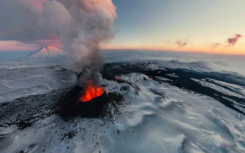 Erupting Volcano — Red, Dramatic, Sunset, Photograph, Lava, Smoke