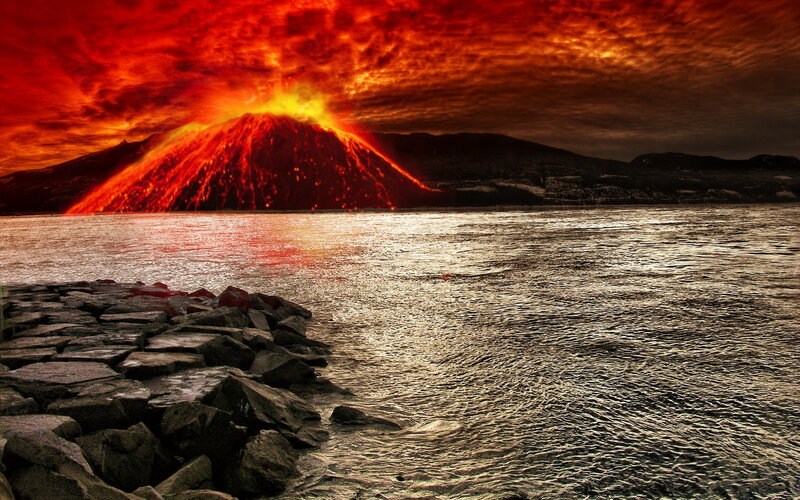 Erupting Volcano — Red, Dramatic, Sunset, Photograph, Lava