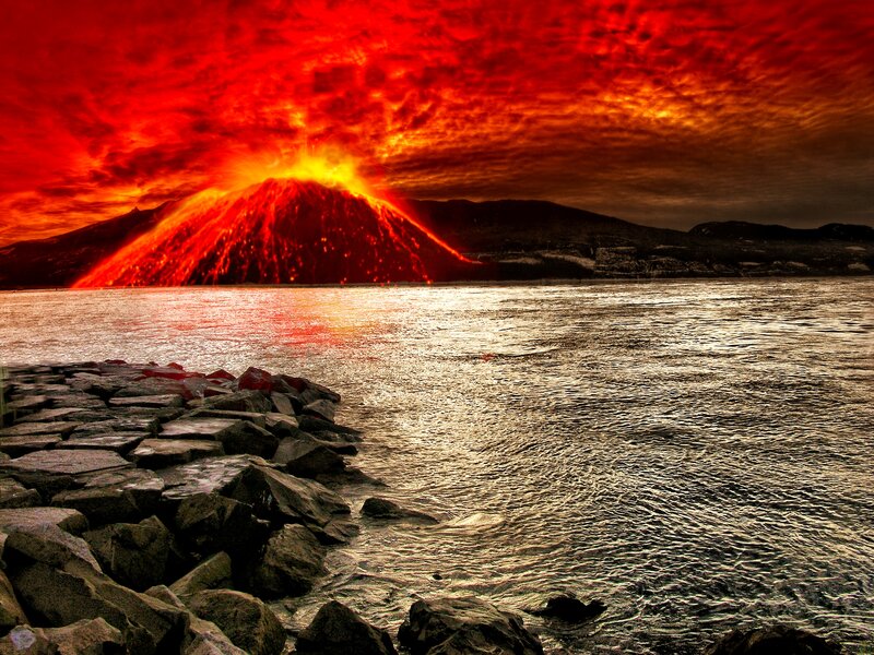 Erupting Volcano — Red, Dramatic, Sunset, Photograph