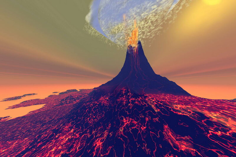 Erupting Volcano — Red, Dramatic, Sunset