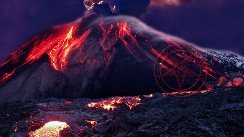 erupting volcano with occult symbol
