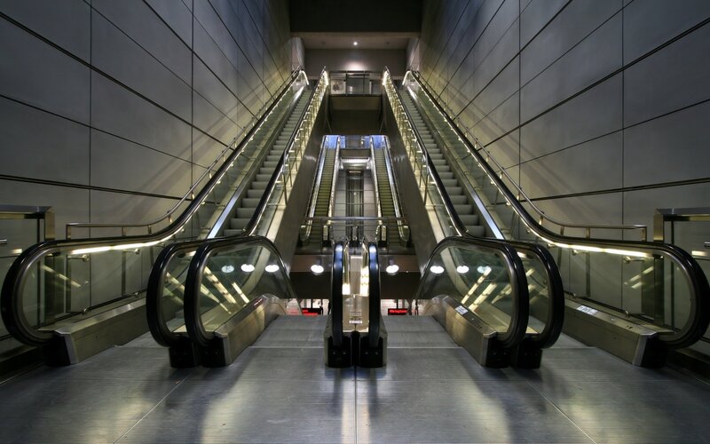 Escalators in Subway Station — Gray