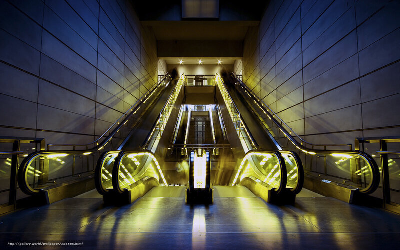 Escalators in Subway Station — Yellow, Dramatic, Night, Photograph