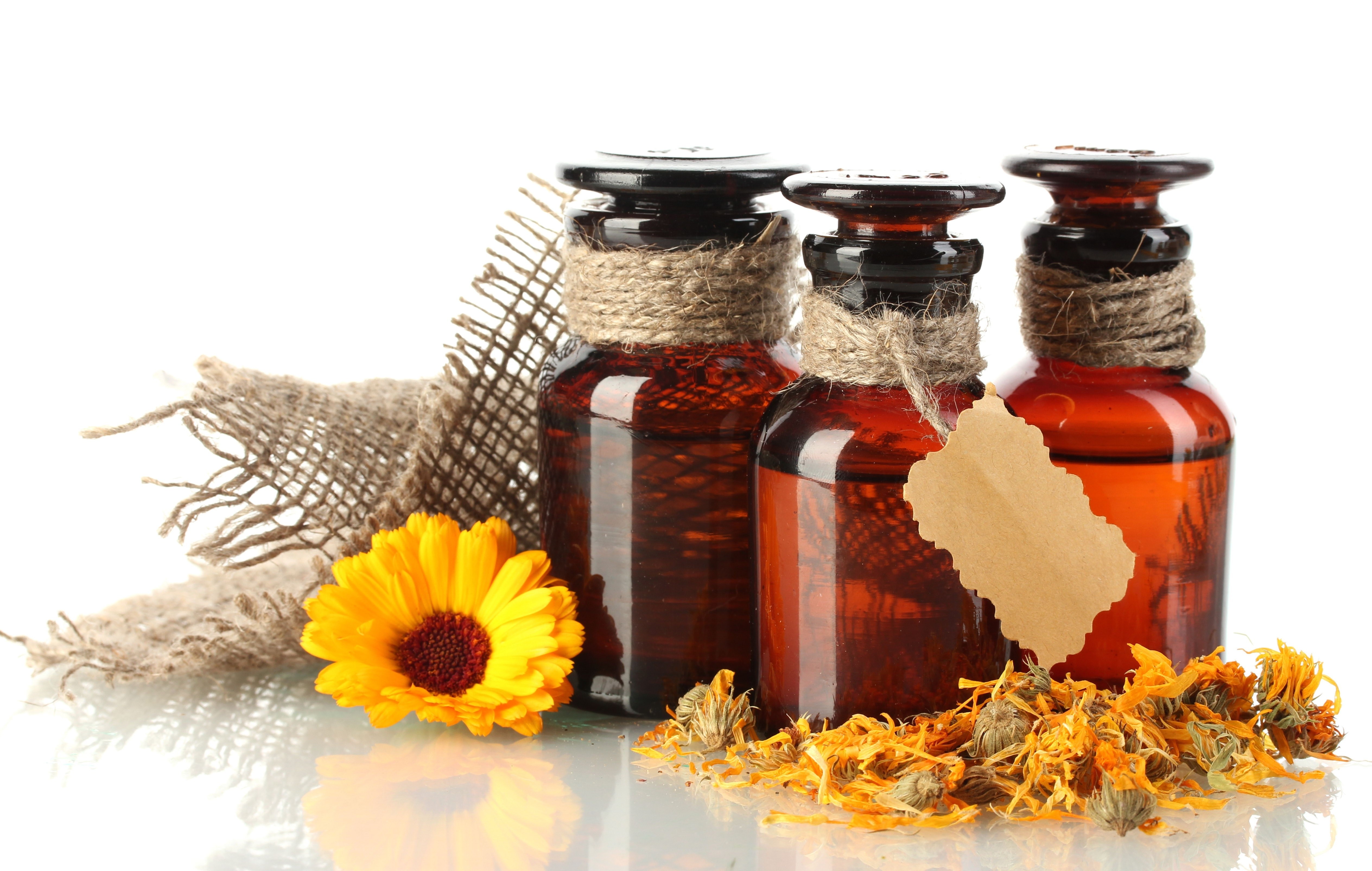 Essential oil bottles with calendula