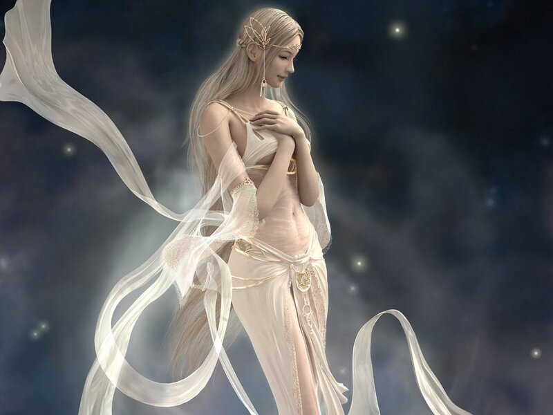 Ethereal woman in white gown