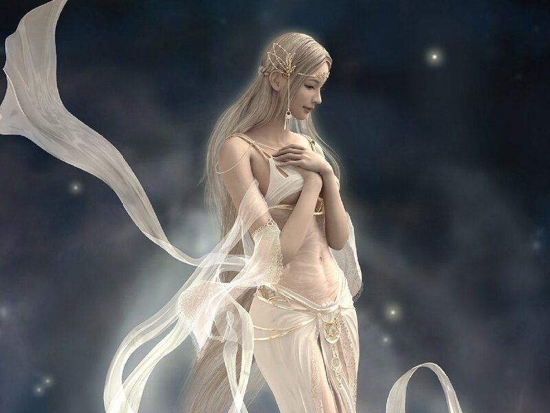 Ethereal woman in white gown