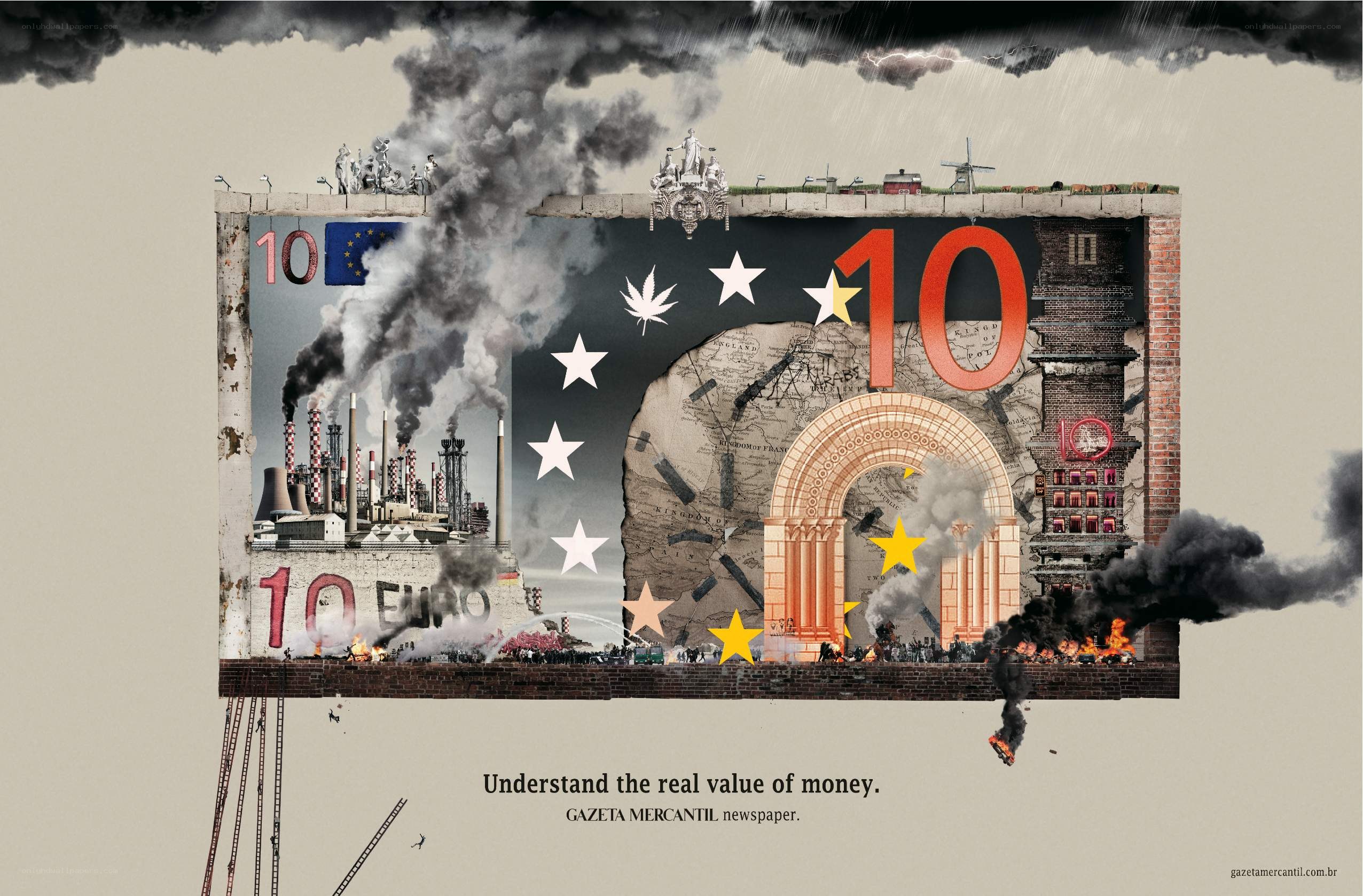 Euro bill crisis collage