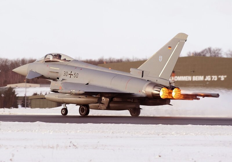 Eurofighter jet on snowy runway