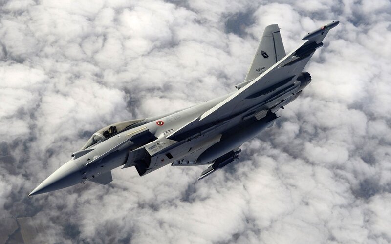 Eurofighter Typhoon Jet — Gray, Dramatic, Photograph, Clouds, Aircraft, Sky