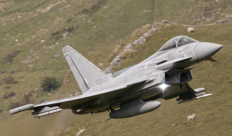 Eurofighter Typhoon Jet — Gray, Dynamic, Afternoon, Photograph, Mountainous Terrain