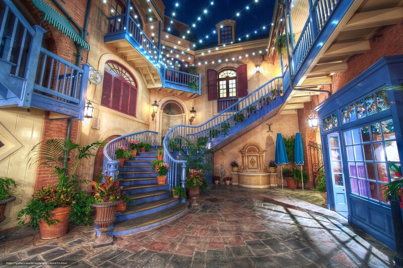 European-style courtyard at night