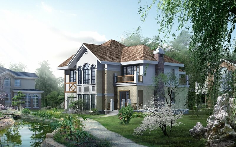 European-style villa with garden