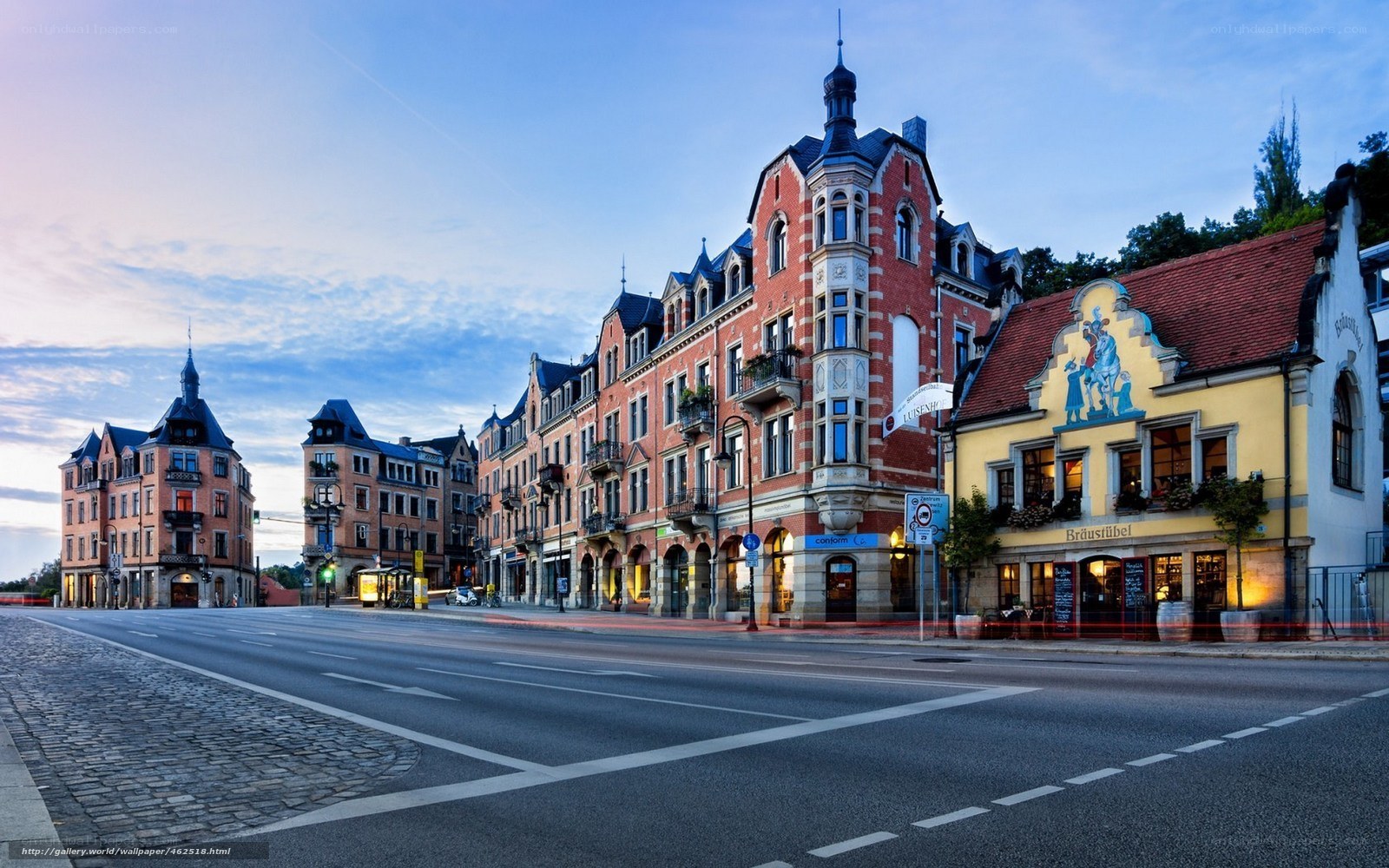 European town square at dusk