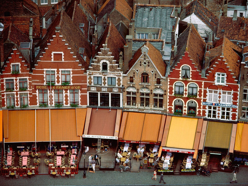 European town square with historic buildings