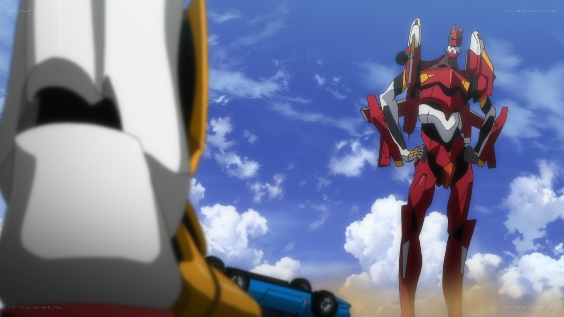 Eva-01 stands against the sky