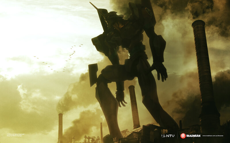 Eva-01 stands in a factory