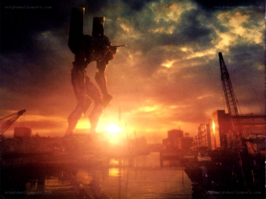 Eva-01 stands in a harbor at sunset
