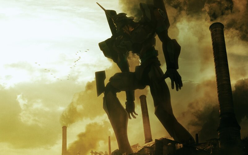 Eva-01 stands in a ruined city