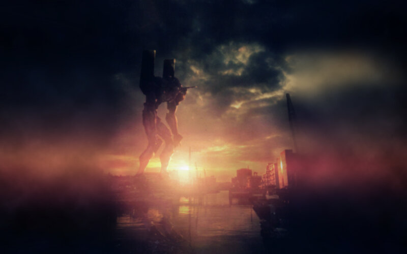 Eva-01 stands in a ruined city