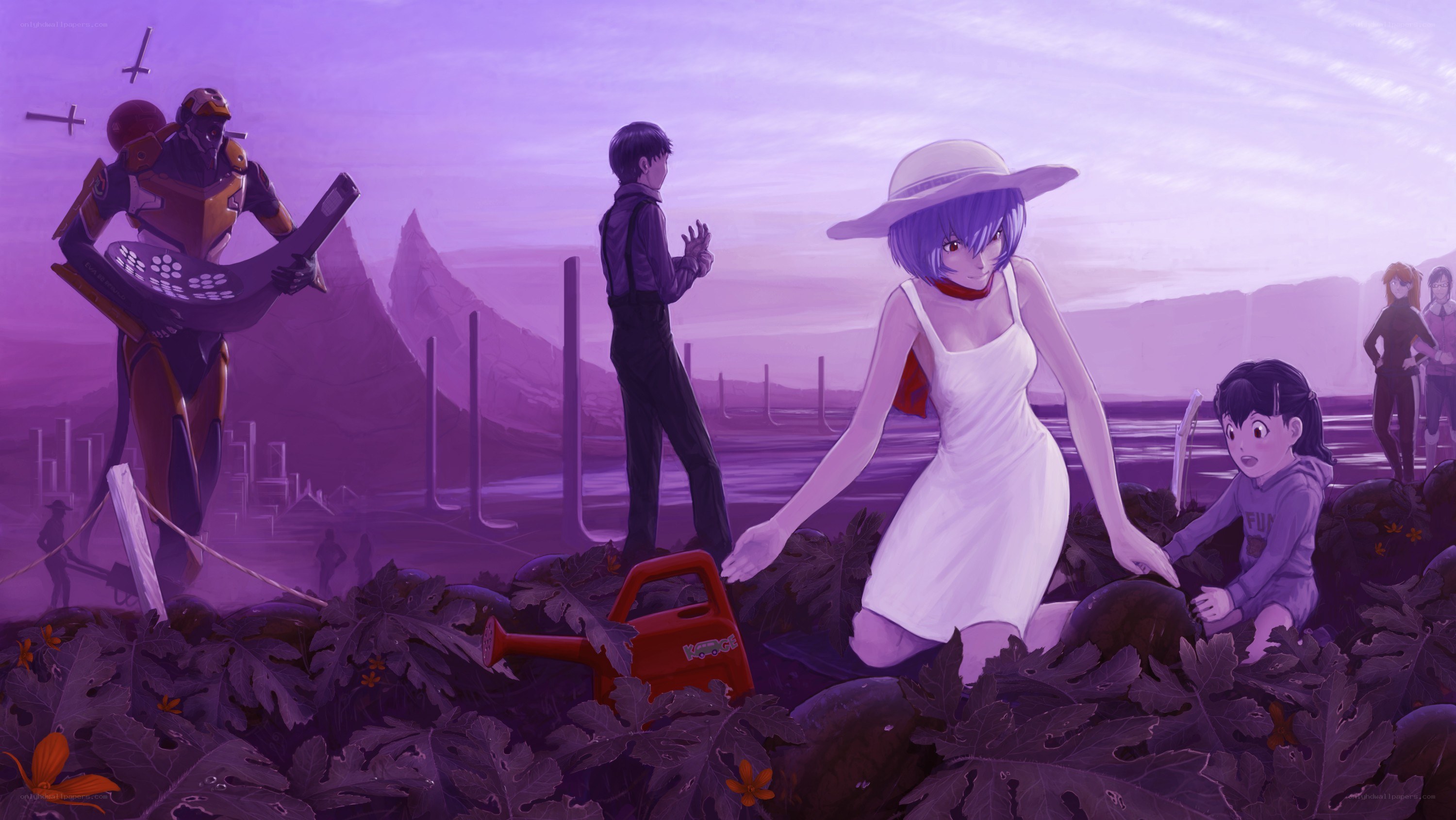 Eva characters in a garden