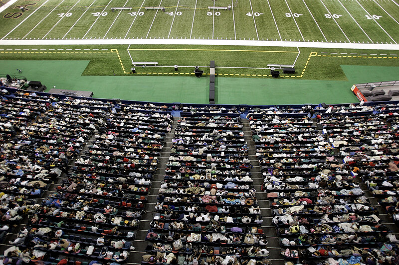 Evacuees in a stadium