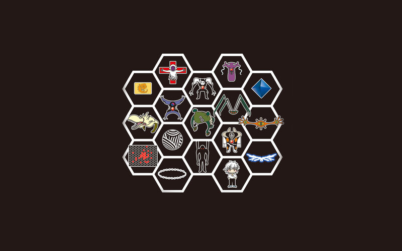 Evangelion character icons on hex grid