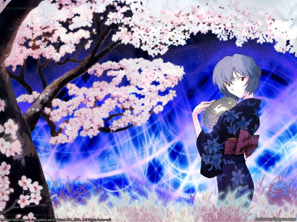 Evangelion character under cherry blossoms
