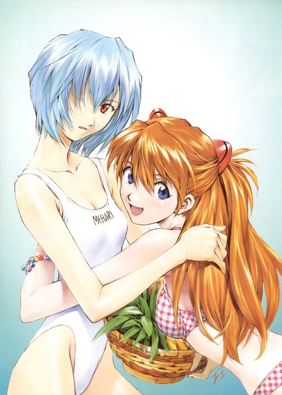 Evangelion characters hugging