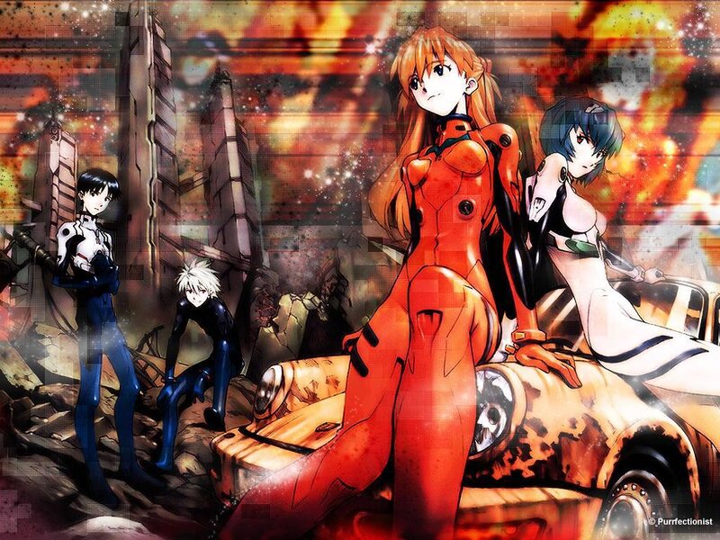 Evangelion characters in a ruined city