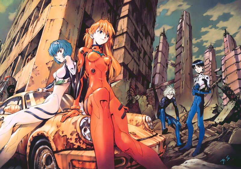 Evangelion characters in a ruined city