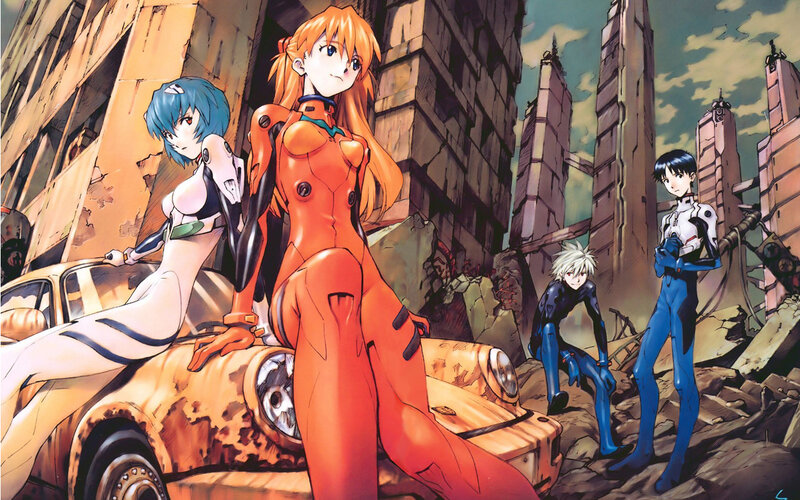 Evangelion characters in a ruined city