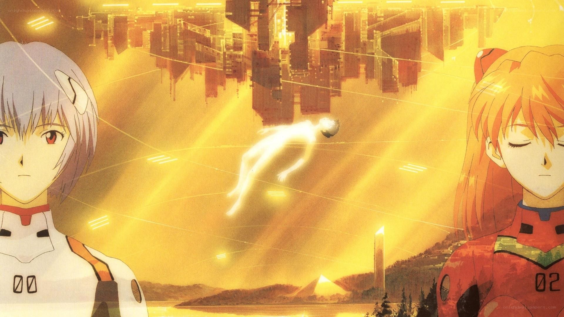 Evangelion characters in golden light