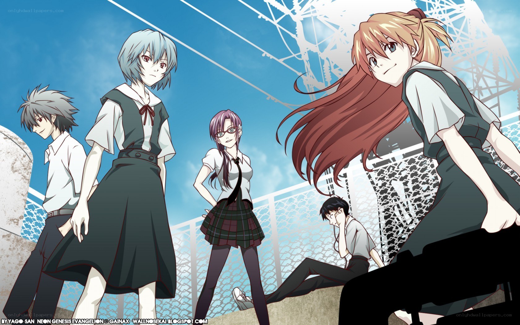 Evangelion characters on a bridge