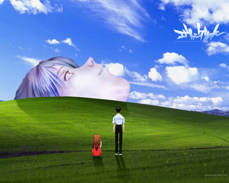 Evangelion characters on a hill