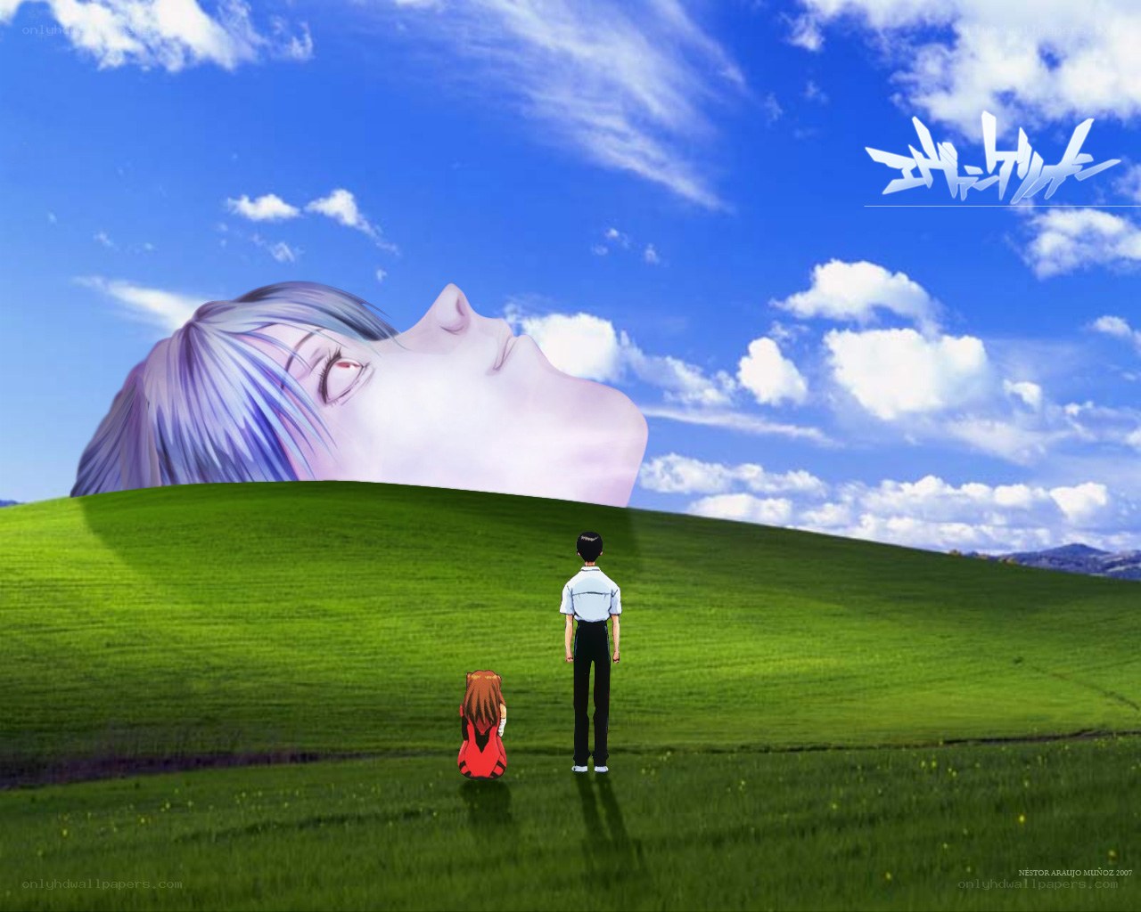 Evangelion characters on a hill