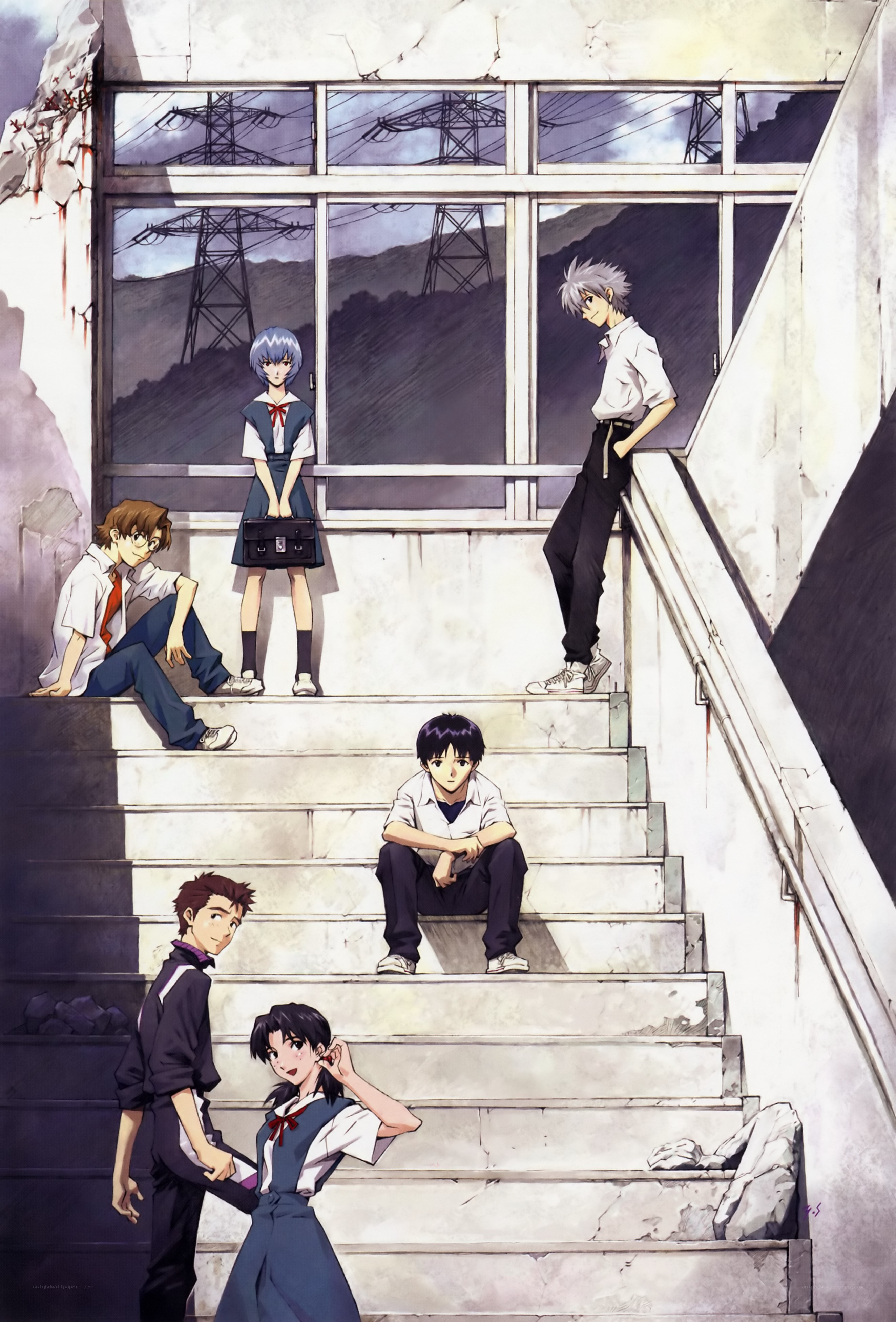 Evangelion characters on stairs