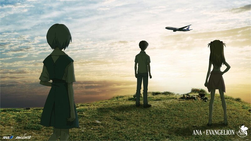 Evangelion characters watching plane