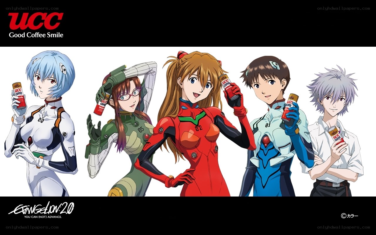 Evangelion characters with coffee