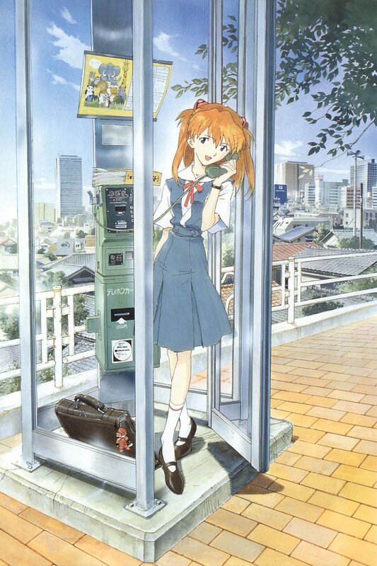 Evangelion girl at payphone