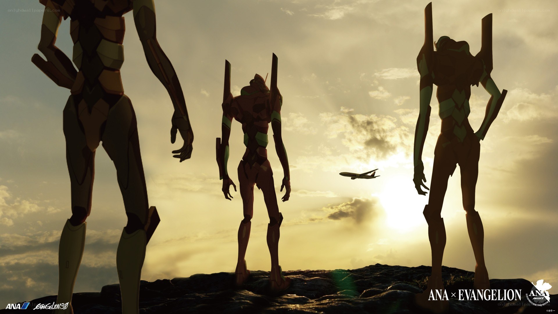 Evangelion mechs at sunset